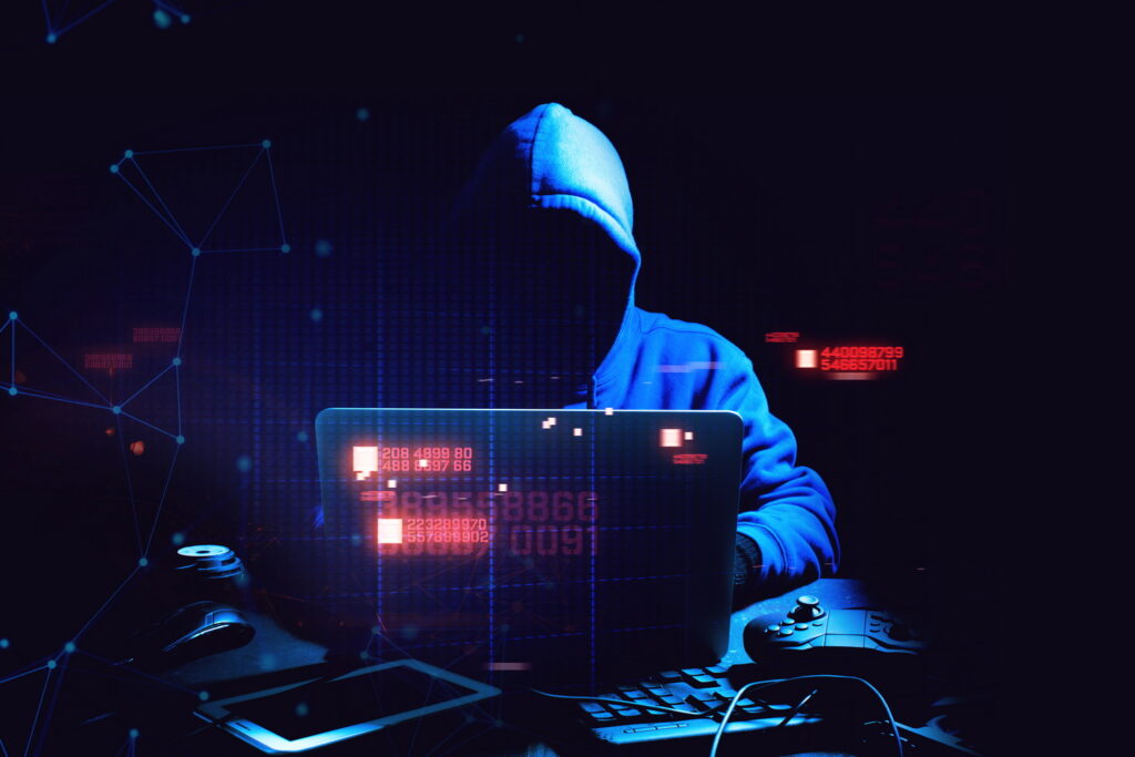 hacker man terrorist with virus computer attack to server network system online in data internet security hacking ai concept